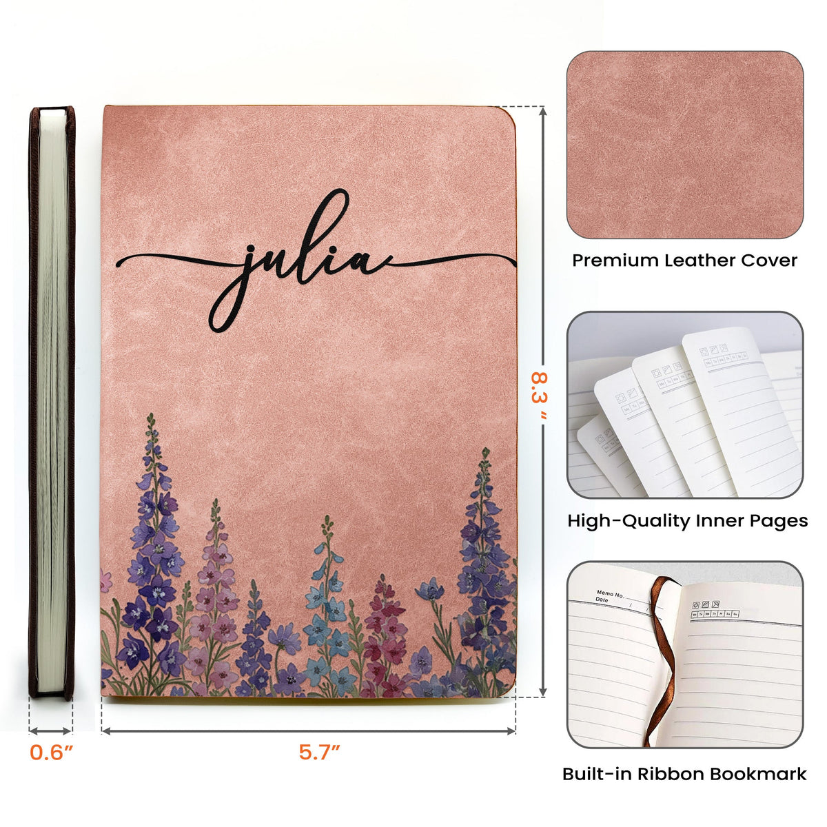Custom Birth Flower & Name - Personalized Leather Journal - Gift For Her, Wife, Daughter, Sister