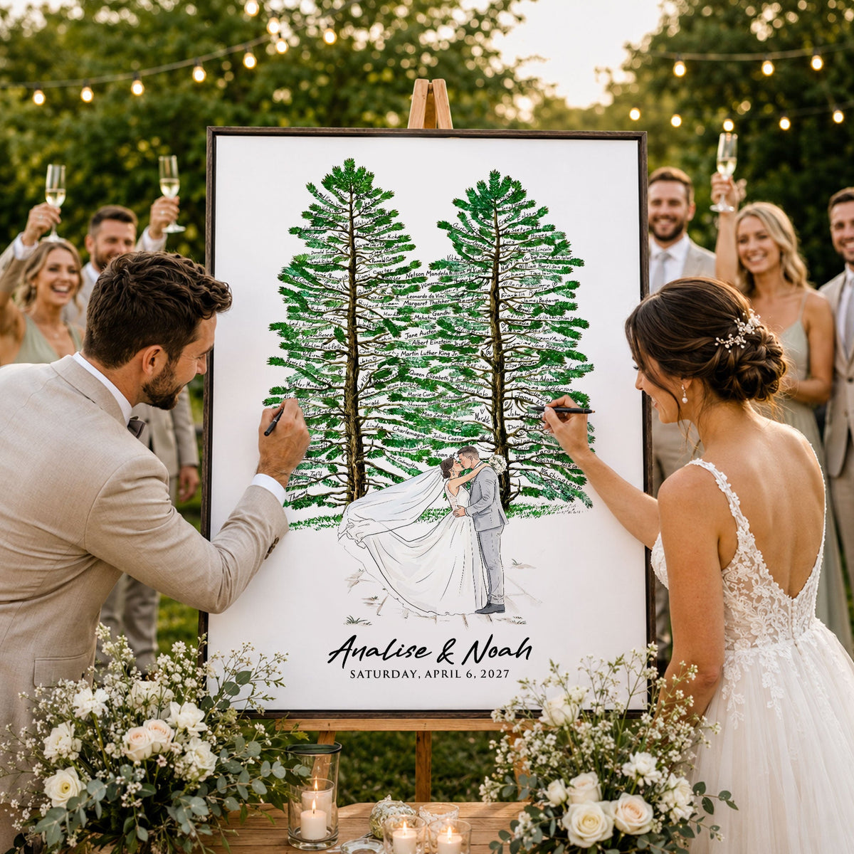 Wedding Guest Book Alternative Pine Tree Art, Couple Portrait Sign - Personalized Poster - Gift For Couples