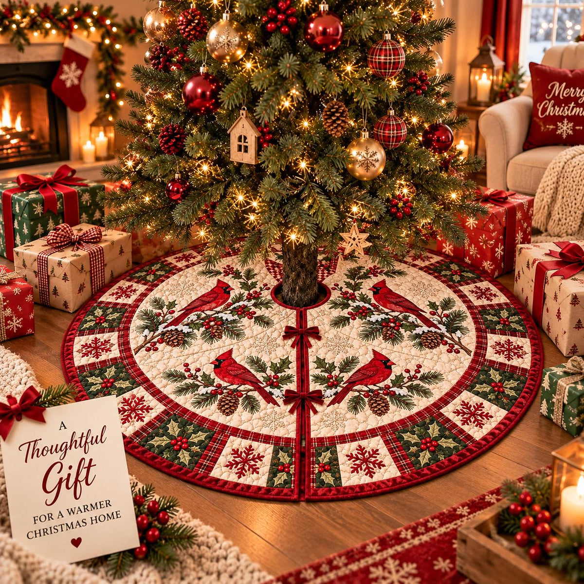 May include: A round, quilted Christmas tree skirt featuring a cream-colored center with red cardinal birds perched on holly branches. The border consists of a red and green plaid pattern with snowflake motifs and holly leaves, secured with small red bows.