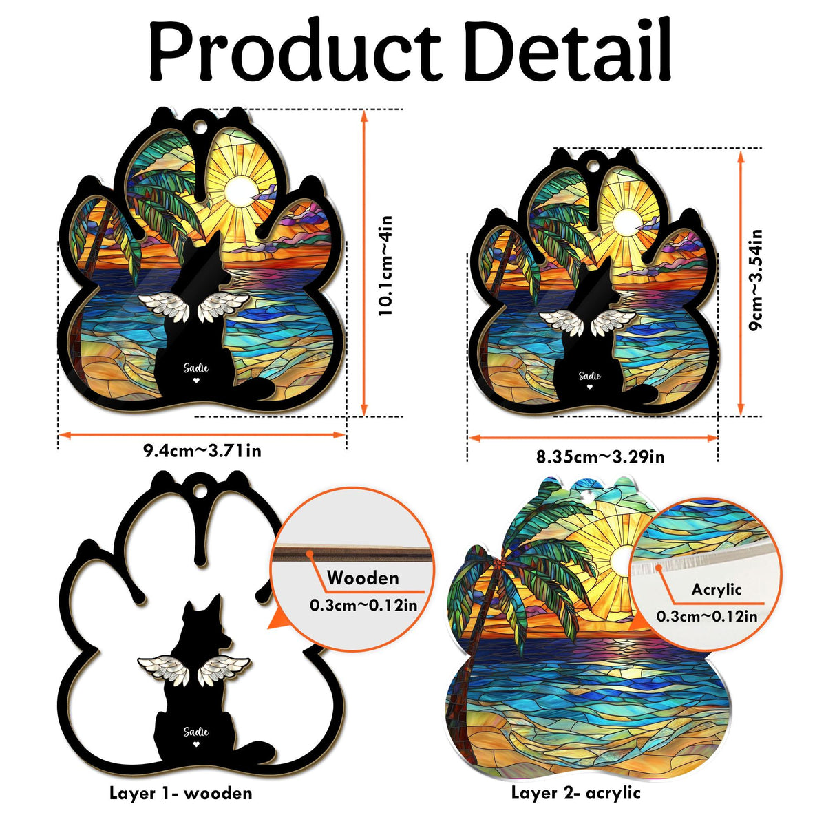 May include: A two-layer wooden and acrylic paw print ornament with a stained glass design of a cat with wings sitting on a beach with palm trees and a sunset. The ornament is 3.71 inches wide and 4 inches tall. The text "Sadie" is written on the ornament.