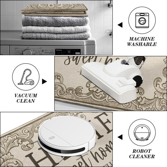 May include: A rectangular floor mat with a beige and brown ornate border and the text "sweet home" being cleaned by a white vacuum and a white robot vacuum. The mat is machine washable, as shown by a stack of towels on a washing machine.