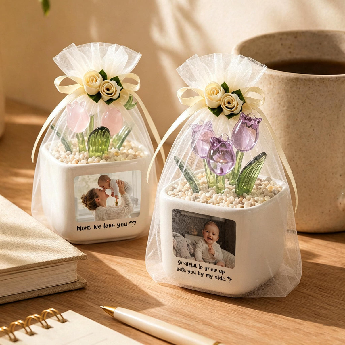 Photo Glass Tulip Pot - Personalized Forever Tulip Desk Decor With Picture - Gift For Her