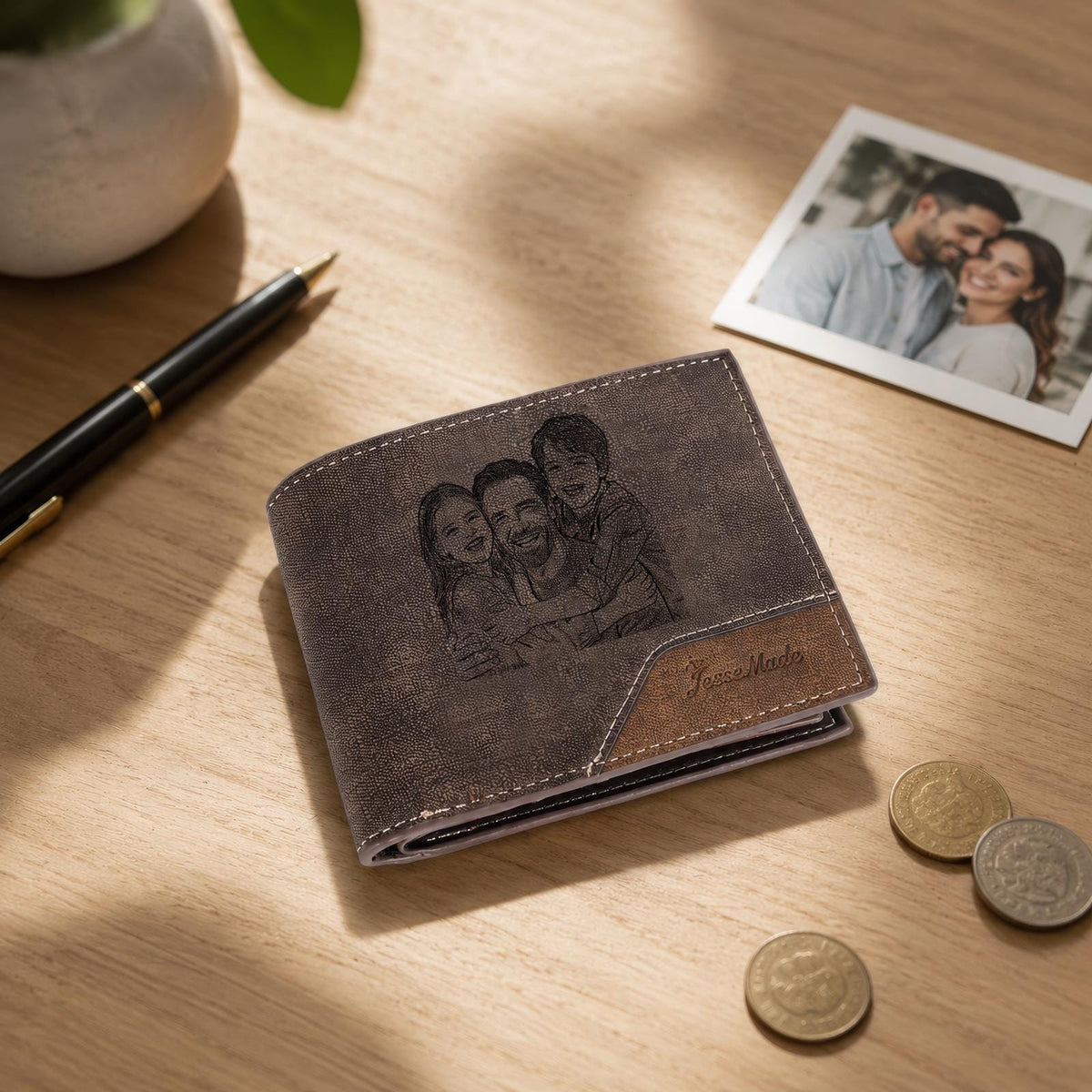 A dark brown bi-fold wallet featuring a laser-engraved illustration of three people embracing on the front panel. The wallet includes a contrasting tan leather corner accent with the embossed text Jesse Made.