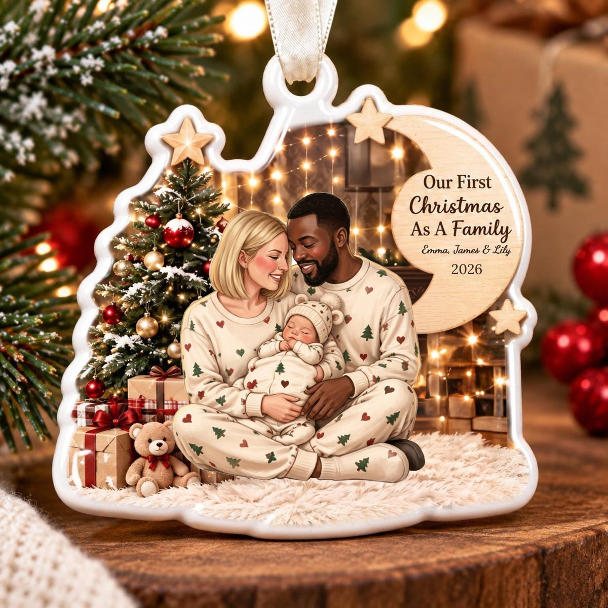 Our First Christmas As A Family ornament with a family drawn from their photo in matching Christmas pajamas, names and year on the wooden moon