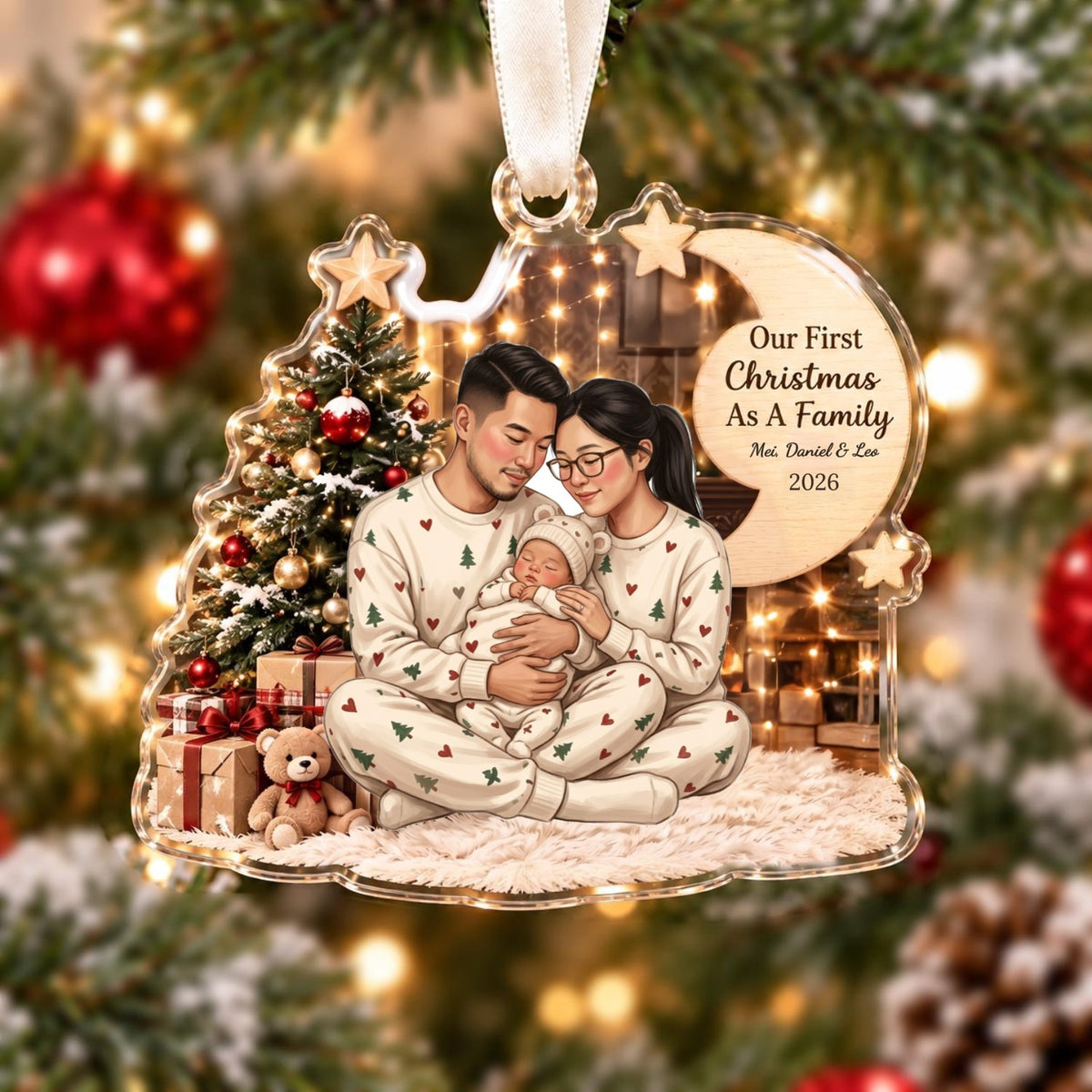 Clear acrylic family ornament made from a family photo, drawn in a cozy holiday art style by the Christmas tree