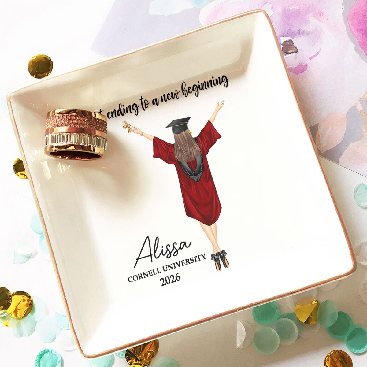 A Sweet Ending To A New Beginning - Personalized Jewelry Dish - Graduation Gift For Daughter, Son