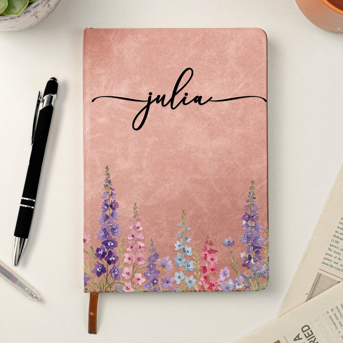 Custom Birth Flower & Name - Personalized Leather Journal - Gift For Her, Wife, Daughter, Sister
