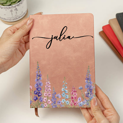 Custom Birth Flower & Name - Personalized Leather Journal - Gift For Her, Wife, Daughter, Sister