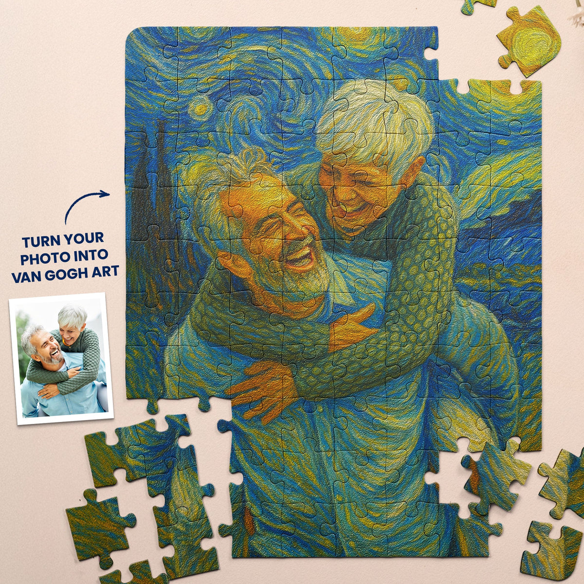 Custom Couple Portrait Van Gogh Art - Personalized Photo Jigsaw Puzzle - Gift For Couples, Husband, Wife