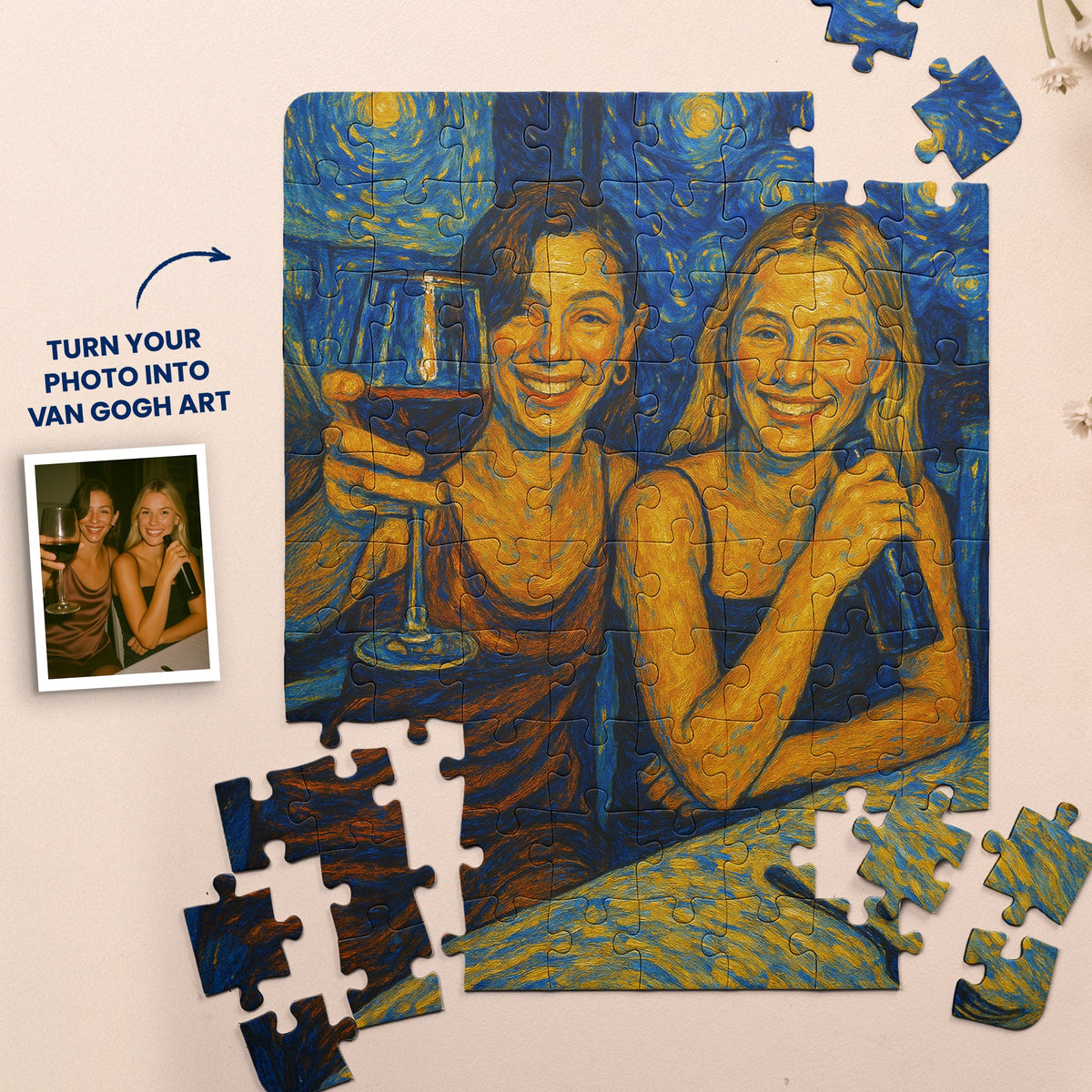 Custom Friend Portrait Van Gogh Art - Personalized Photo Jigsaw Puzzle - Gift For Best Friends, BFF