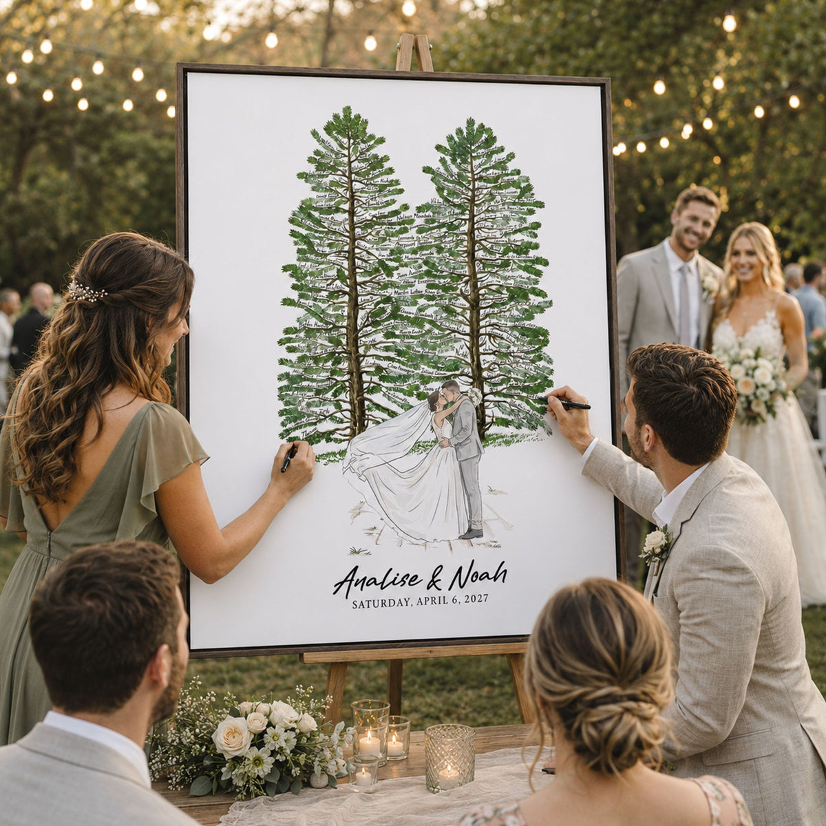Wedding Guest Book Alternative Pine Tree Art, Couple Portrait Sign - Personalized Poster - Gift For Couples