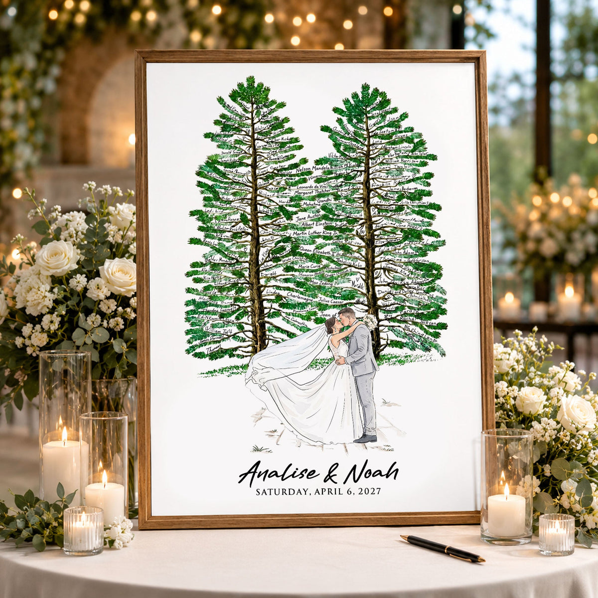 Wedding Guest Book Alternative Pine Tree Art, Couple Portrait Sign - Personalized Poster - Gift For Couples