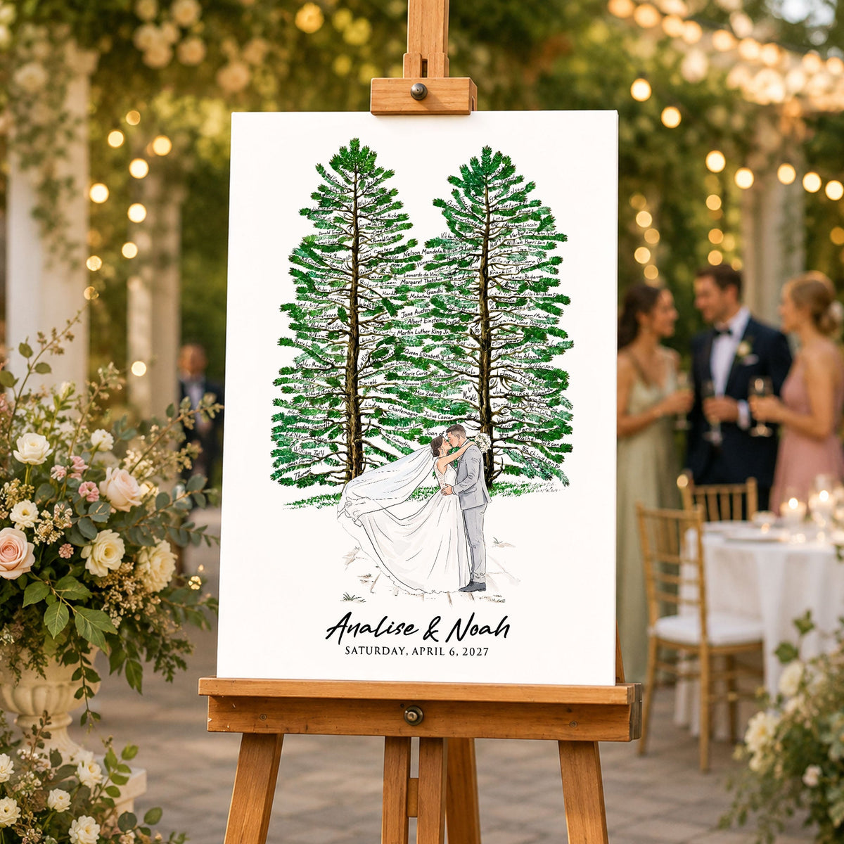 Wedding Guest Book Alternative Pine Tree Art, Couple Portrait Sign - Personalized Poster - Gift For Couples