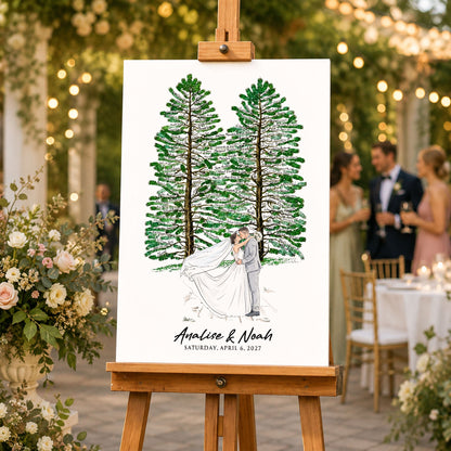 Wedding Guest Book Alternative Pine Tree Art, Couple Portrait Sign - Personalized Poster - Gift For Couples