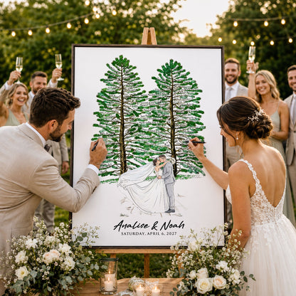 Wedding Guest Book Alternative Pine Tree Art, Couple Portrait Sign - Personalized Poster - Gift For Couples