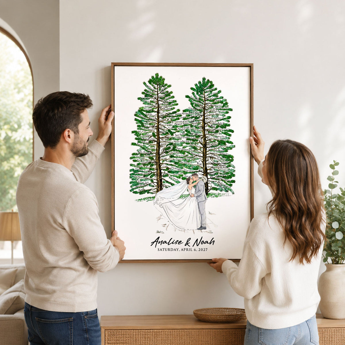 Wedding Guest Book Alternative Pine Tree Art, Couple Portrait Sign - Personalized Poster - Gift For Couples