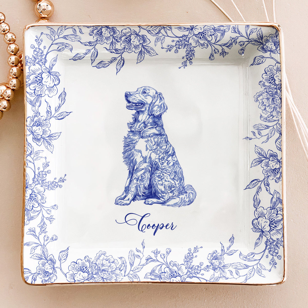 Dog Breeds Chinoiserie Toile De Jouy Style - Personalized Jewelry Dish - Gift For Dog Lovers