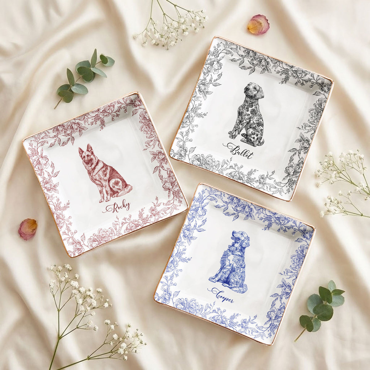 Dog Breeds Chinoiserie Toile De Jouy Style - Personalized Jewelry Dish - Gift For Dog Lovers