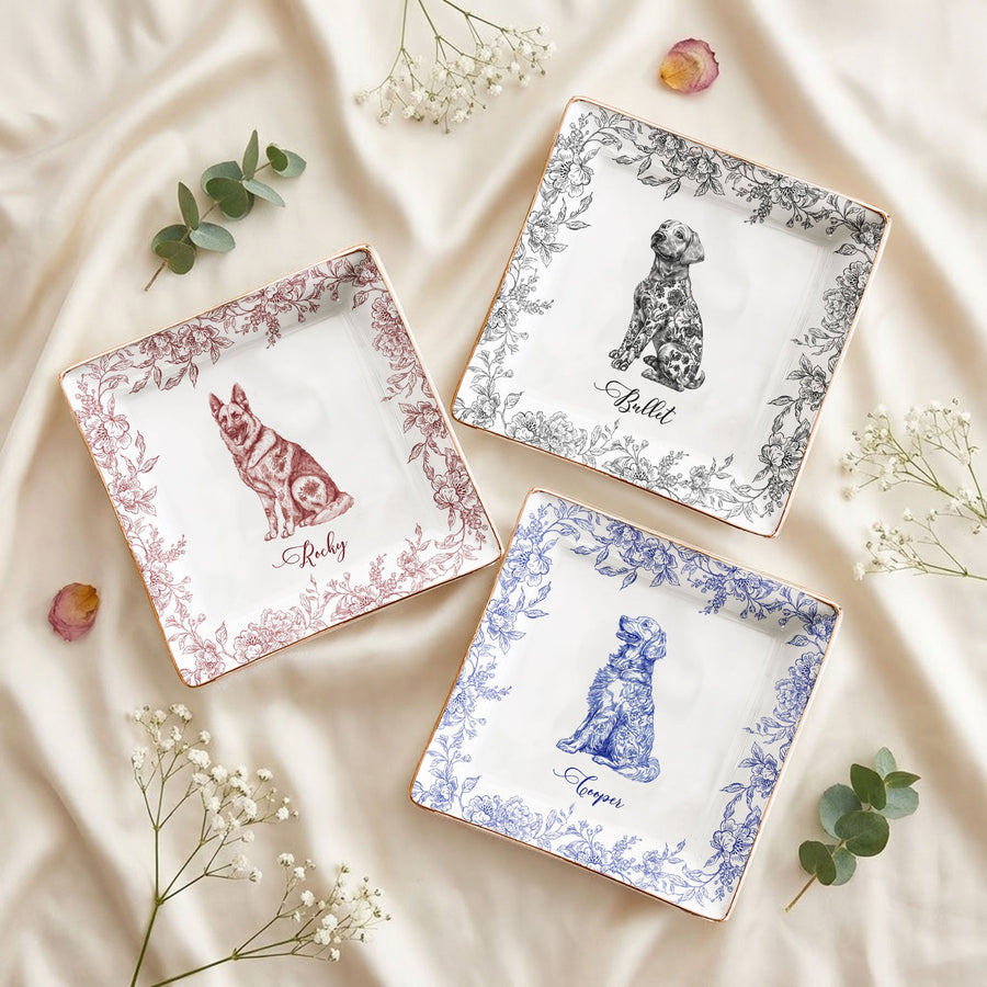 Dog Breeds Chinoiserie Toile De Jouy Style - Personalized Jewelry Dish - Gift For Dog Lovers