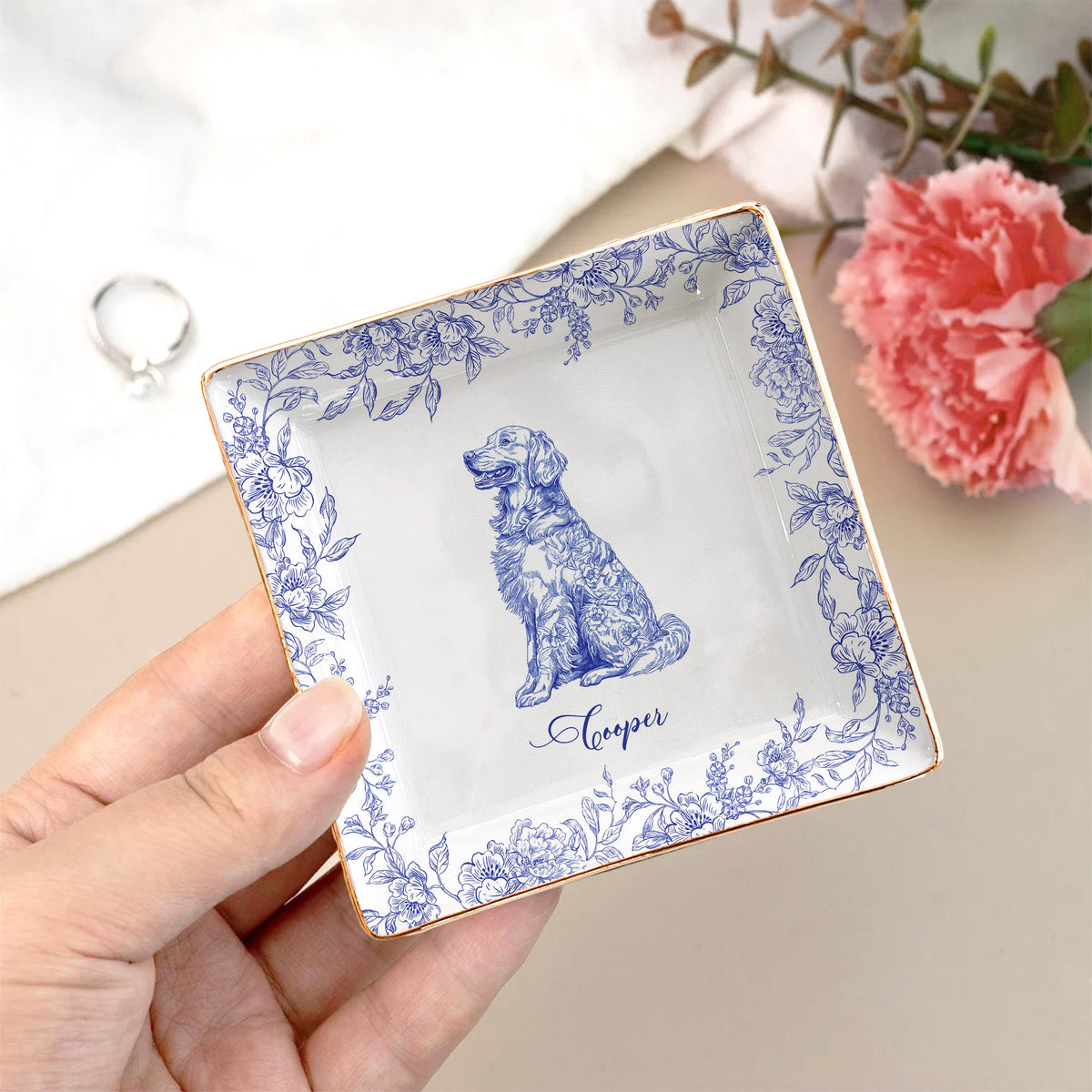 Dog Breeds Chinoiserie Toile De Jouy Style - Personalized Jewelry Dish - Gift For Dog Lovers