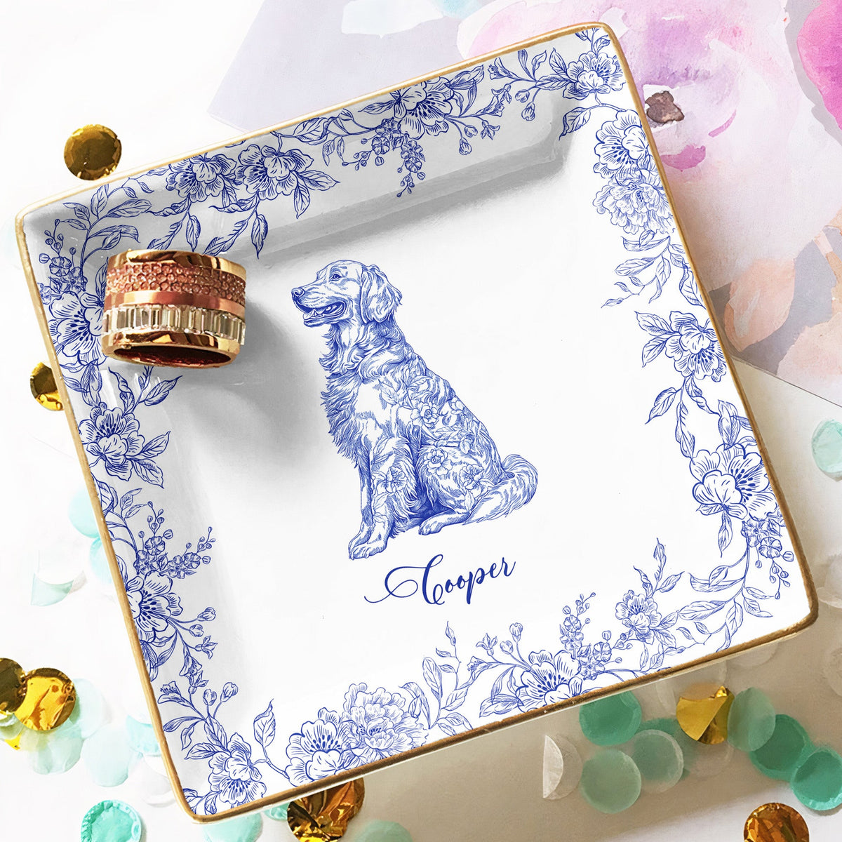 Dog Breeds Chinoiserie Toile De Jouy Style - Personalized Jewelry Dish - Gift For Dog Lovers