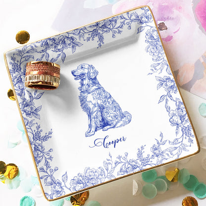 Dog Breeds Chinoiserie Toile De Jouy Style - Personalized Jewelry Dish - Gift For Dog Lovers
