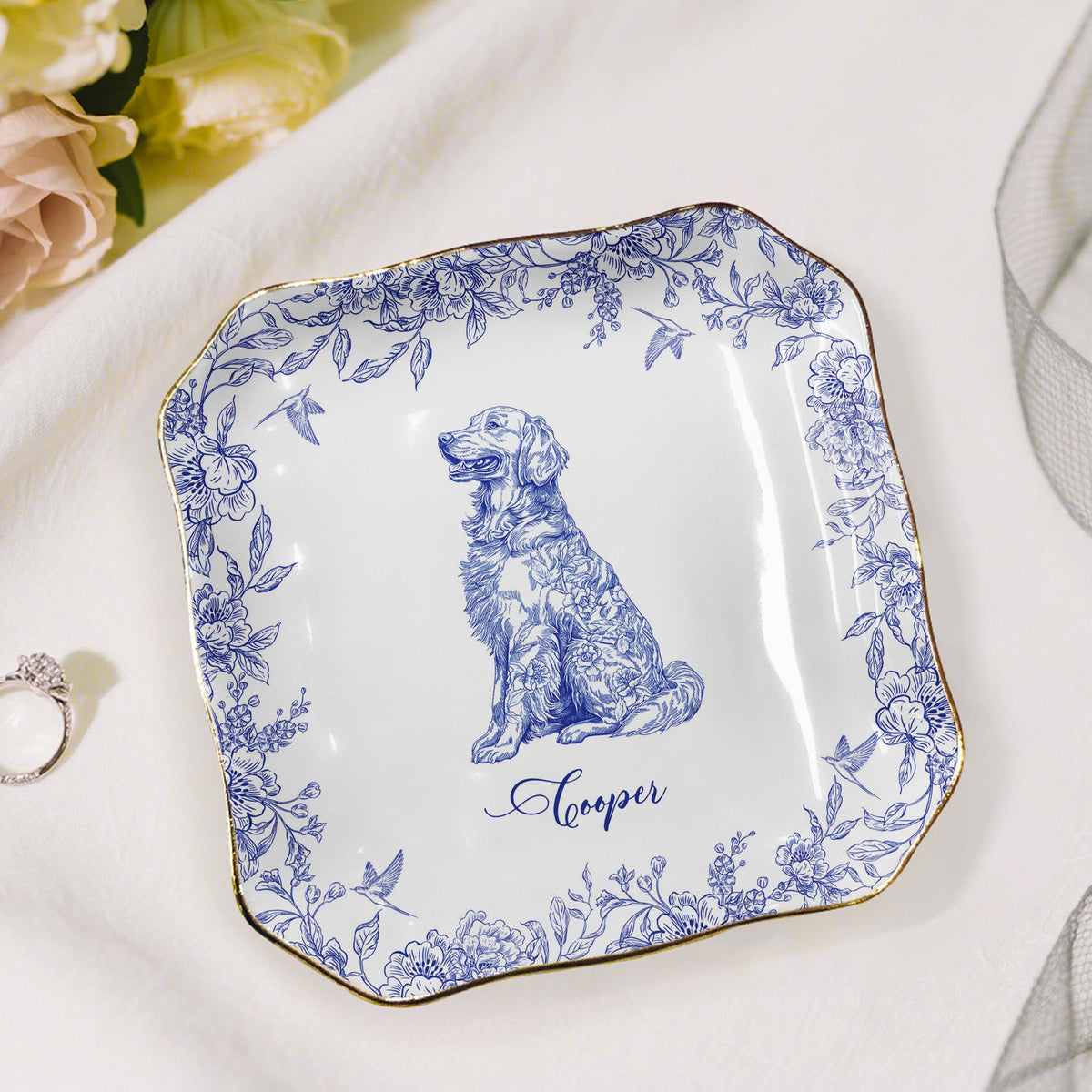 Dog Breeds Chinoiserie Toile De Jouy Style - Personalized Jewelry Dish - Gift For Dog Lovers