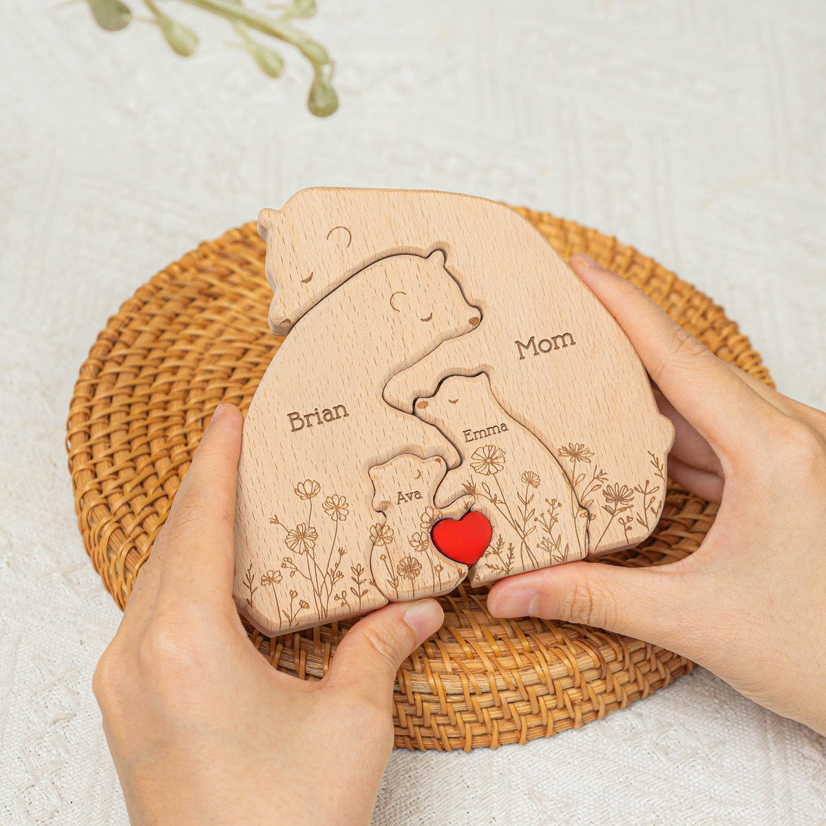Hugging Bear Family Floral Version - Personalized Wooden Bear Family Puzzle - Gift For Mom