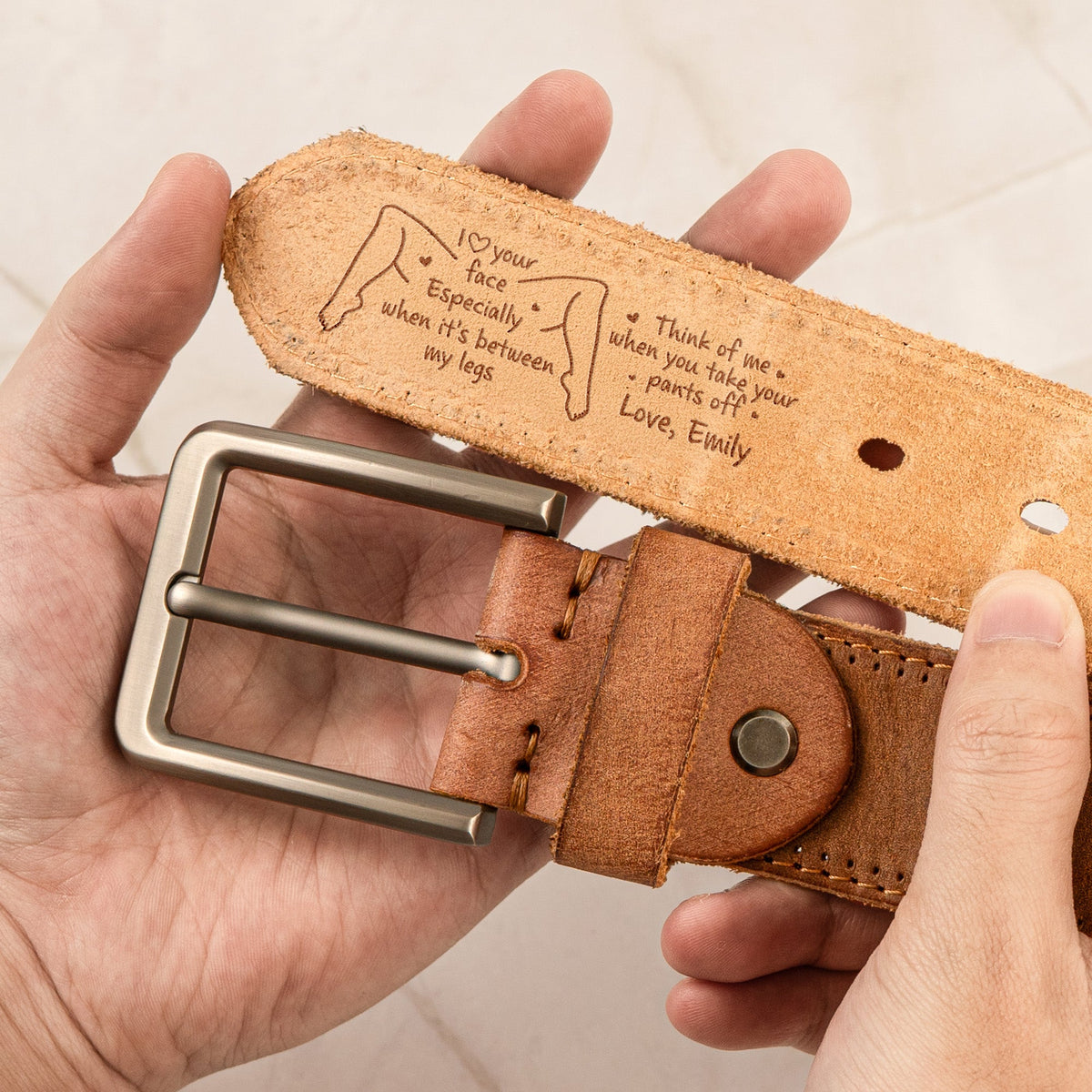 I Love Your Face Especially When It's Between My Legs - Personalized Cowhide Belt - Naughty Gift For Him