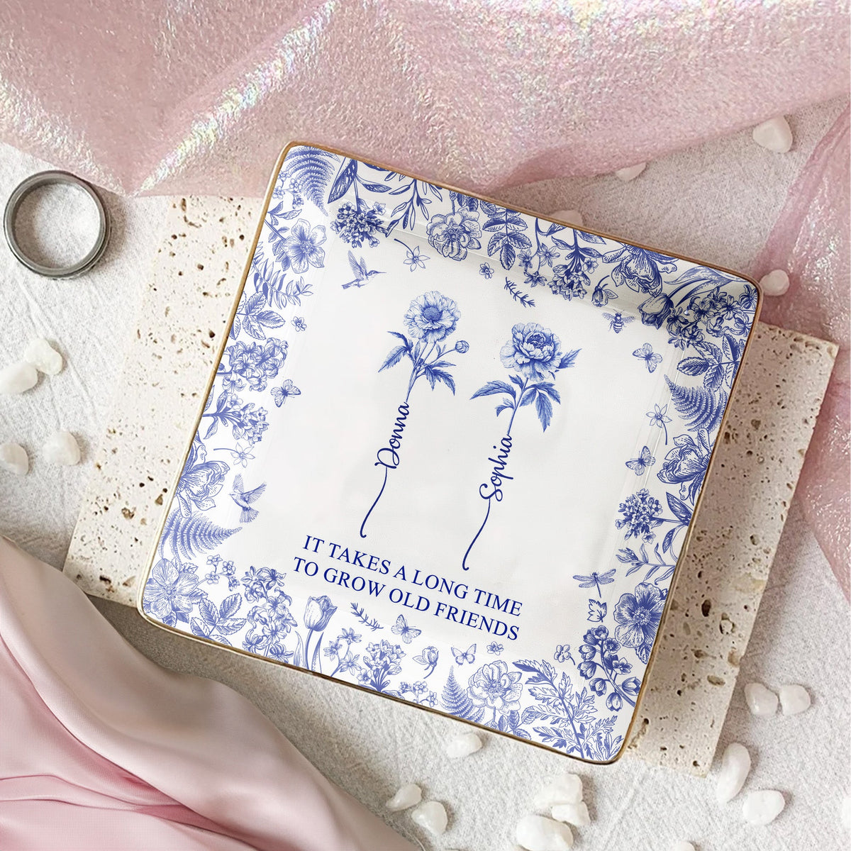 It Takes A Long Time To Grow An Old Friend, Bestie Toile De Jouy - Personalized Jewelry Dish - Gift For Friend
