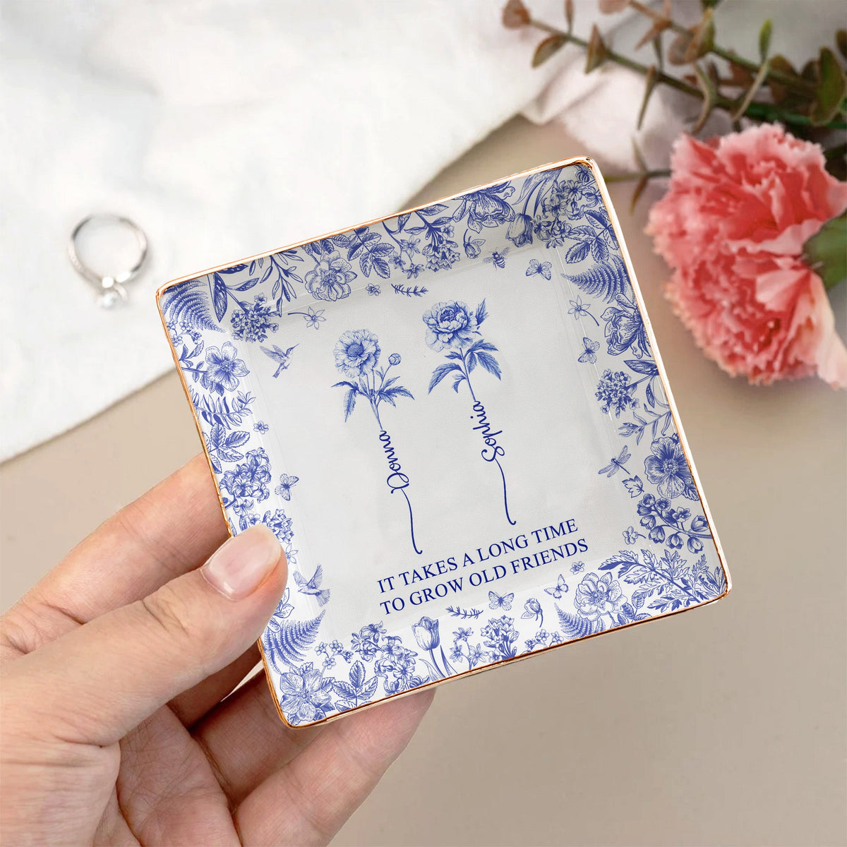 It Takes A Long Time To Grow An Old Friend, Bestie Toile De Jouy - Personalized Jewelry Dish - Gift For Friend
