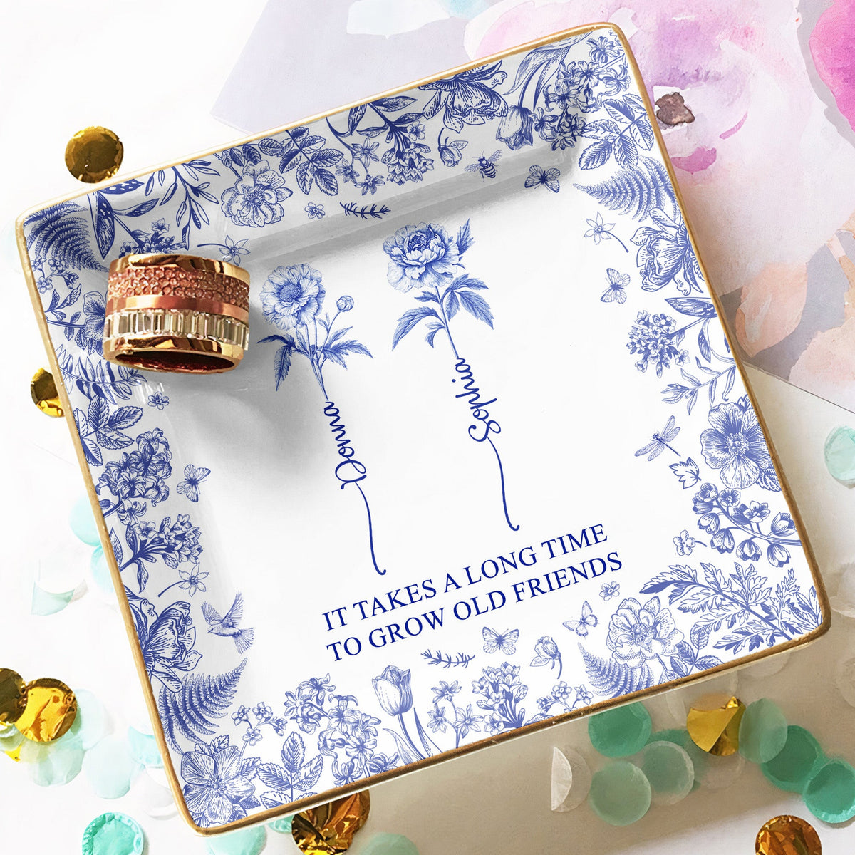 It Takes A Long Time To Grow An Old Friend, Bestie Toile De Jouy - Personalized Jewelry Dish - Gift For Friend