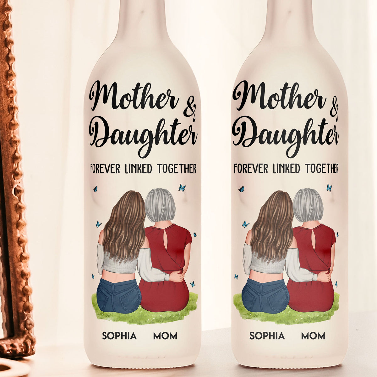 Mother And Daughter Forever Linked Together - Personalized Bottle Lamp - Gift For Mom