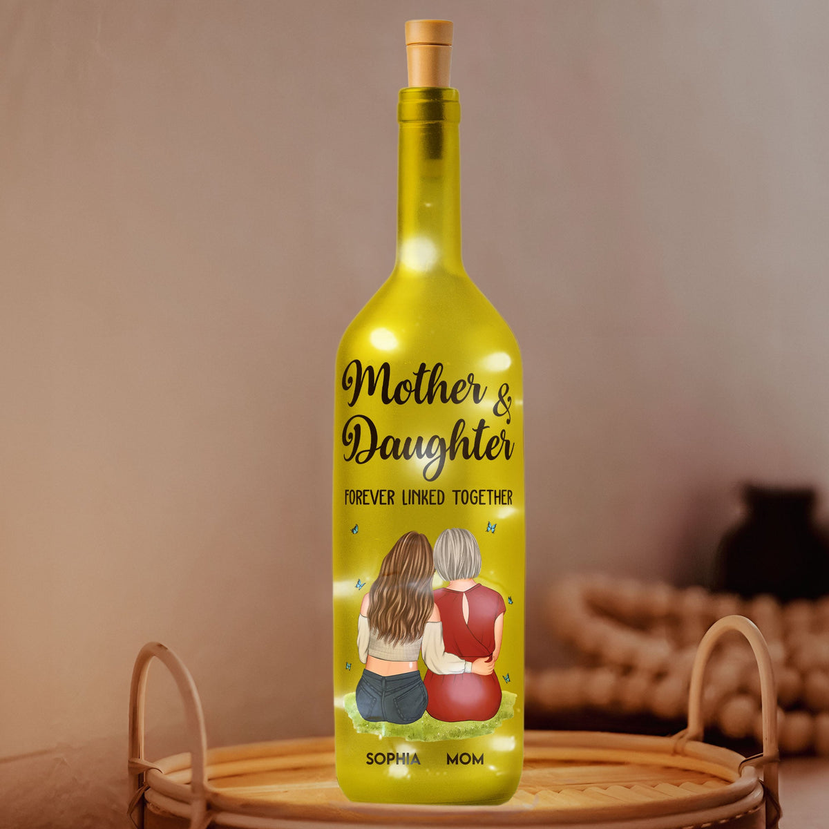 Mother And Daughter Forever Linked Together - Personalized Bottle Lamp - Gift For Mom