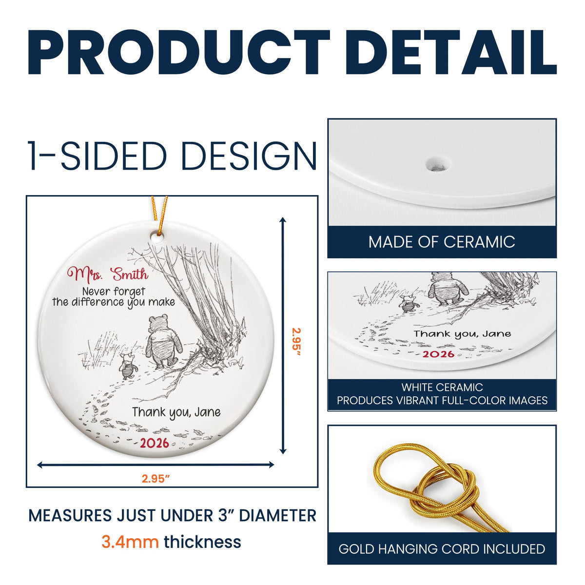 Never Forget The Difference You Make - Personalized Ceramic Ornament - Thank You Gift For Teachers