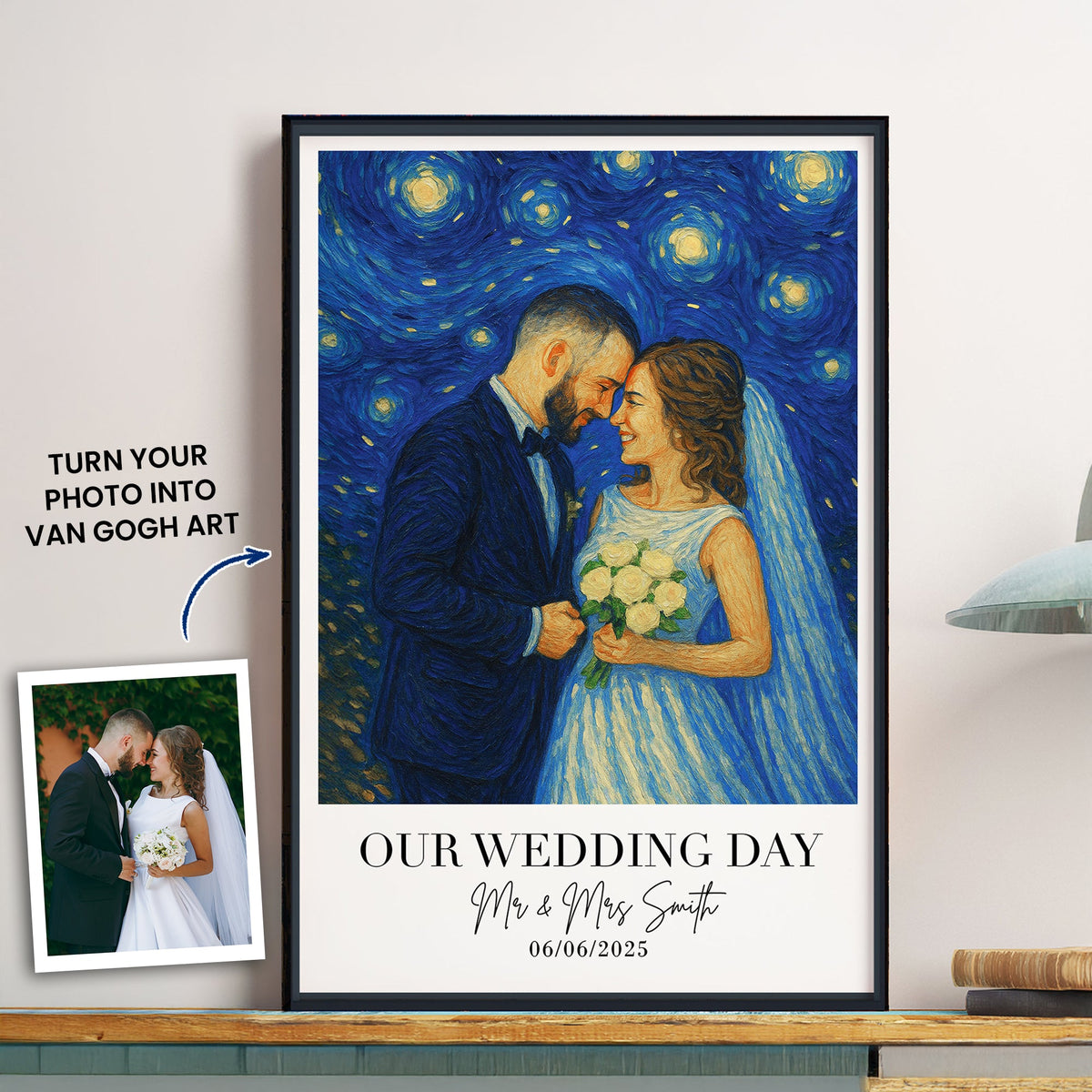 Wedding Anniversary Van Gogh Wall Art - Personalized Photo Poster - Gift For Couples, Husband, Wife