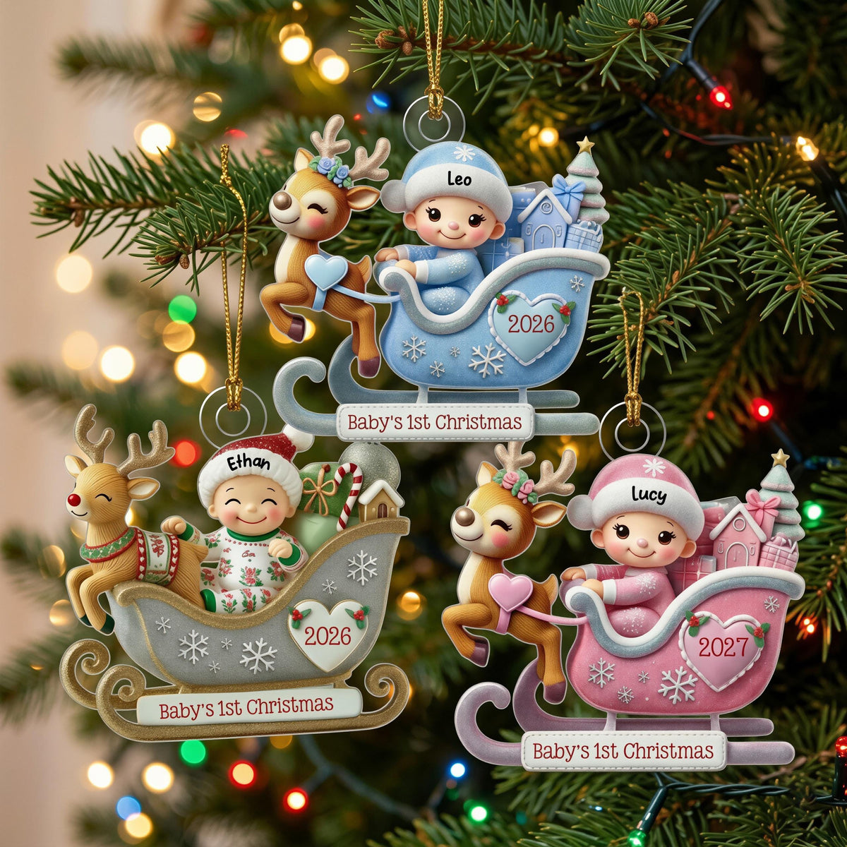 May include: Three hanging Christmas ornaments featuring cartoon babies in sleighs pulled by reindeer. One blue sleigh with 'Leo' and '2026', one grey with 'Ethan' and '2026', and one pink with 'Lucy' and '2027'. Each base reads 'Baby's 1st Christmas'.