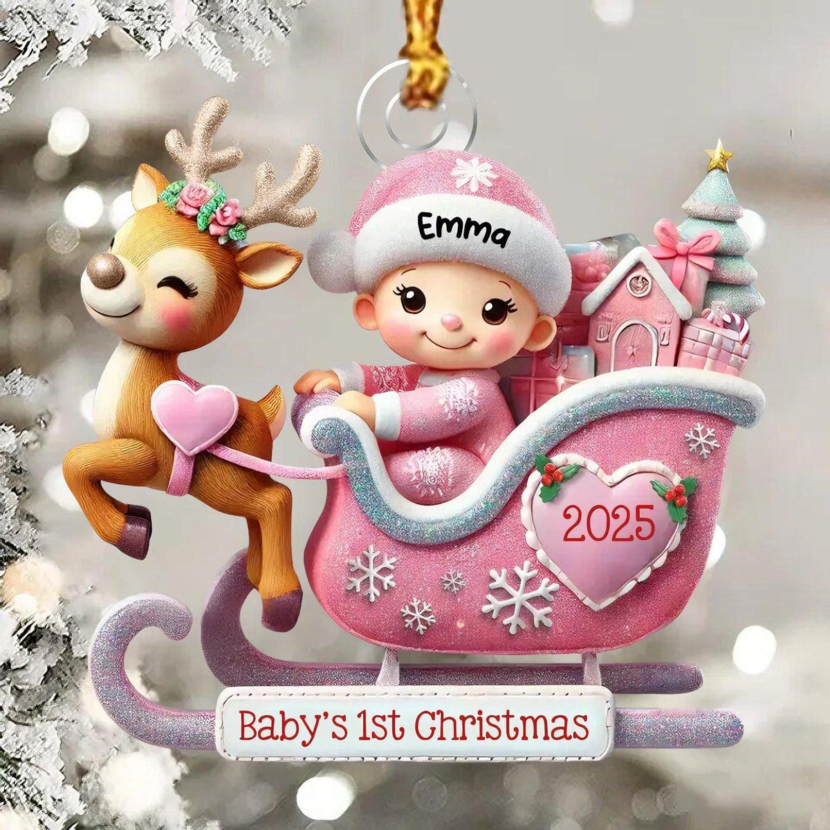 May include: A Christmas ornament featuring a reindeer with a floral crown pulling a pink sleigh. A baby wearing a hat labeled Emma sits in the sleigh, which is decorated with a heart labeled 2025, a small house, and a tree. The base reads Baby's 1st Christmas.