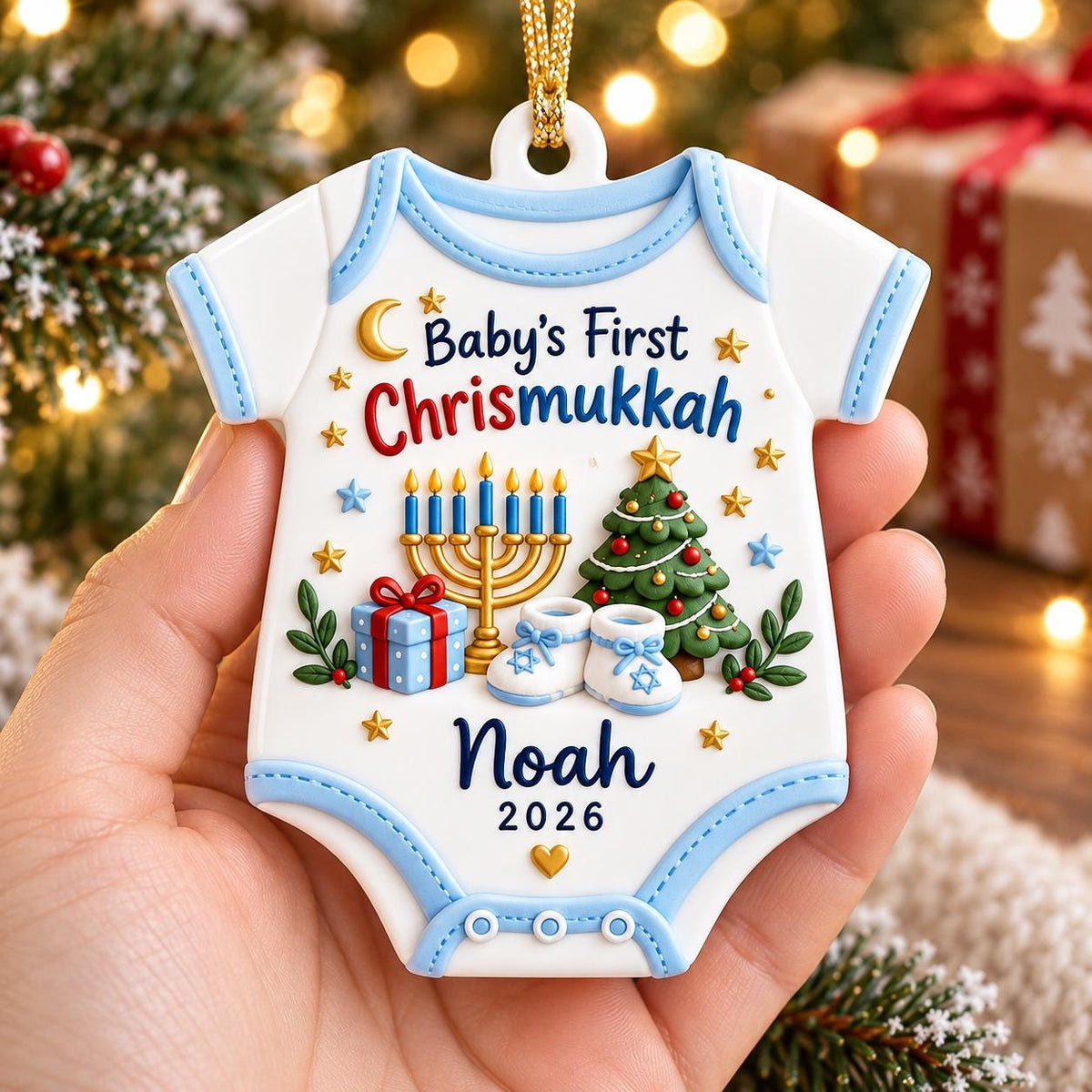 May include: A white baby onesie-shaped ornament with light blue trim. It features the text Baby's First Chrismukkah, a gold menorah, a green Christmas tree, a blue gift box, and white baby booties. The name Noah and the year 2026 are printed below.