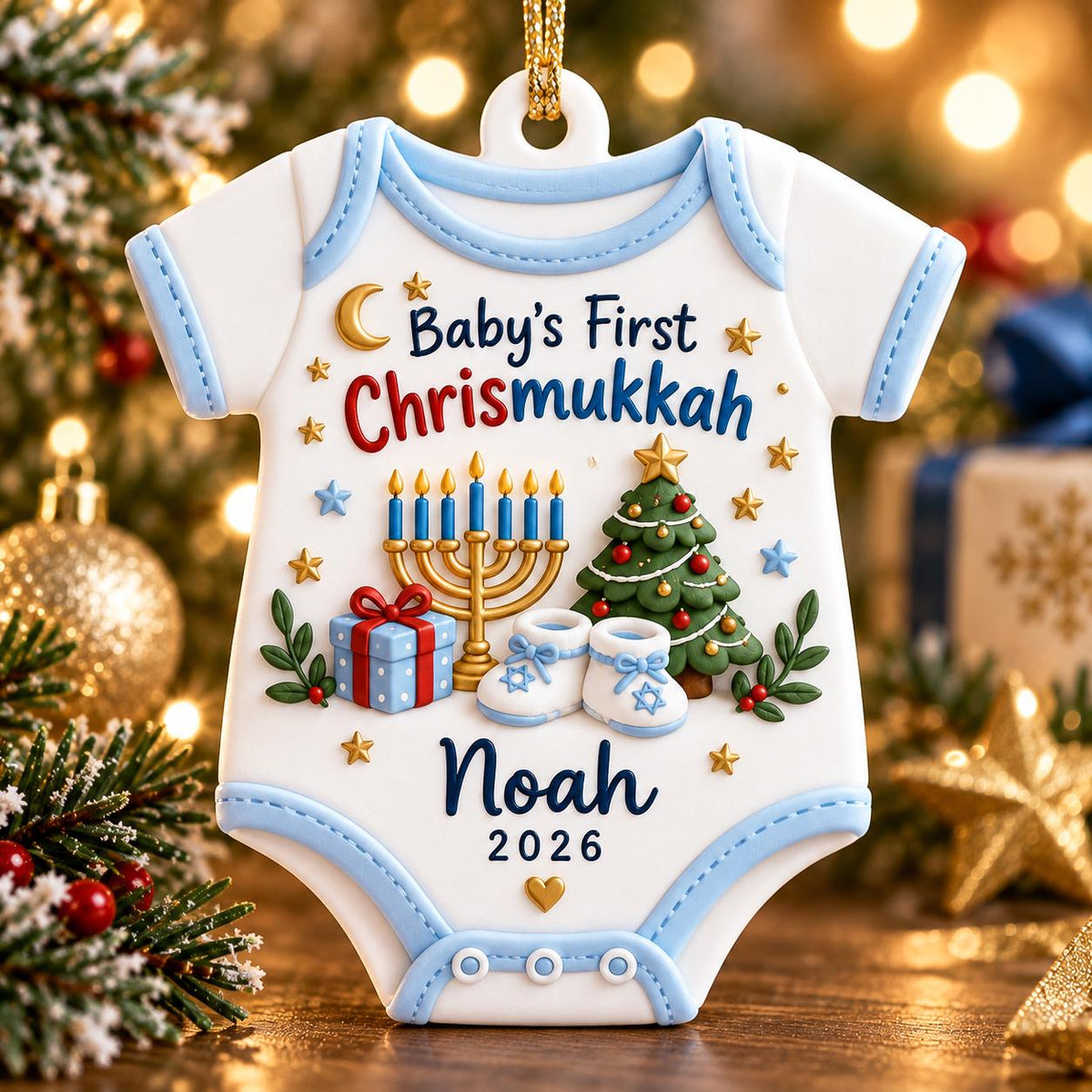 May include: A white baby bodysuit ornament with light blue trim featuring the text Baby's First Chrismukkah, a gold menorah, a green Christmas tree, a blue gift box, and white baby shoes. The name Noah and the year 2026 are printed below.
