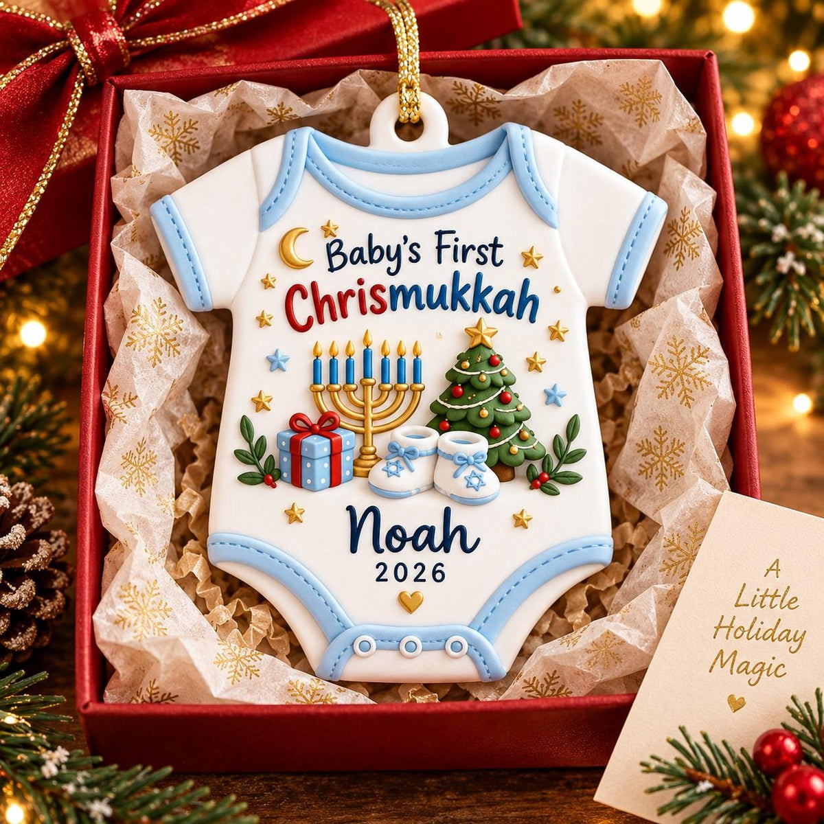 May include: A white ceramic baby onesie ornament with light blue trim, featuring the text Baby's First Chrismukkah, a gold menorah, a green Christmas tree, a blue gift box, and white baby booties. The name Noah and the year 2026 are printed below.