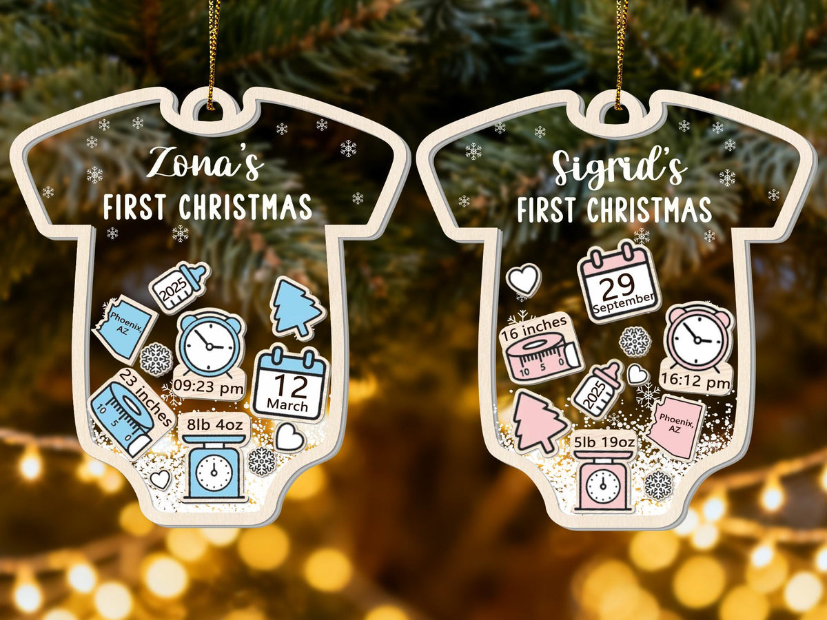 May include: Two baby-themed Christmas ornaments. One reads "Zona's FIRST CHRISTMAS" with birth details: 23 inches, 8lb 4oz, and 09:23 pm. The other reads "Sigrid's FIRST CHRISTMAS" with birth details: 16 inches, 5lb 19oz, and 16:12 pm.
