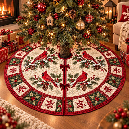 May include: A round quilted Christmas tree skirt featuring a cream-colored center with four red cardinal birds perched on pine branches with pinecones. The border consists of alternating squares of green holly leaves with red berries and red snowflakes.