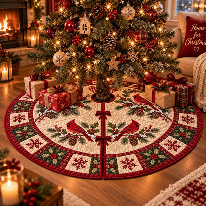 May include: A round quilted Christmas tree skirt featuring a cream-colored center with red cardinal birds, green holly leaves, and pinecones. The border consists of a red and green plaid pattern with snowflake and holly motifs, secured by red bows.