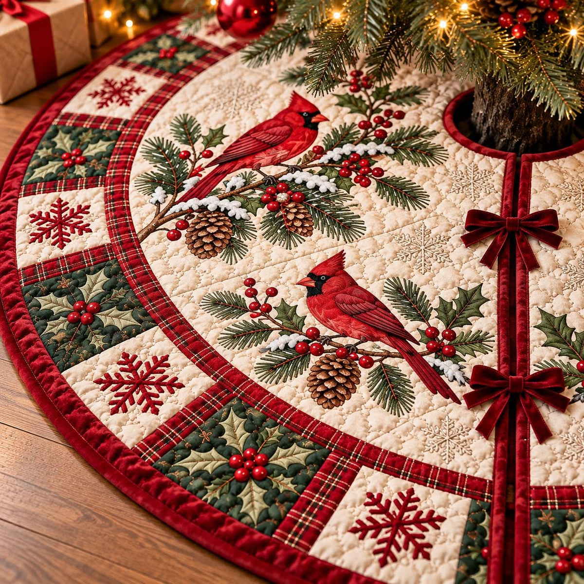 May include: A circular quilted Christmas tree skirt in cream, featuring two red cardinal birds perched on pine branches with pinecones and red berries. The border displays a patchwork pattern of red snowflakes and green holly leaves, finished with red velvet bows.
