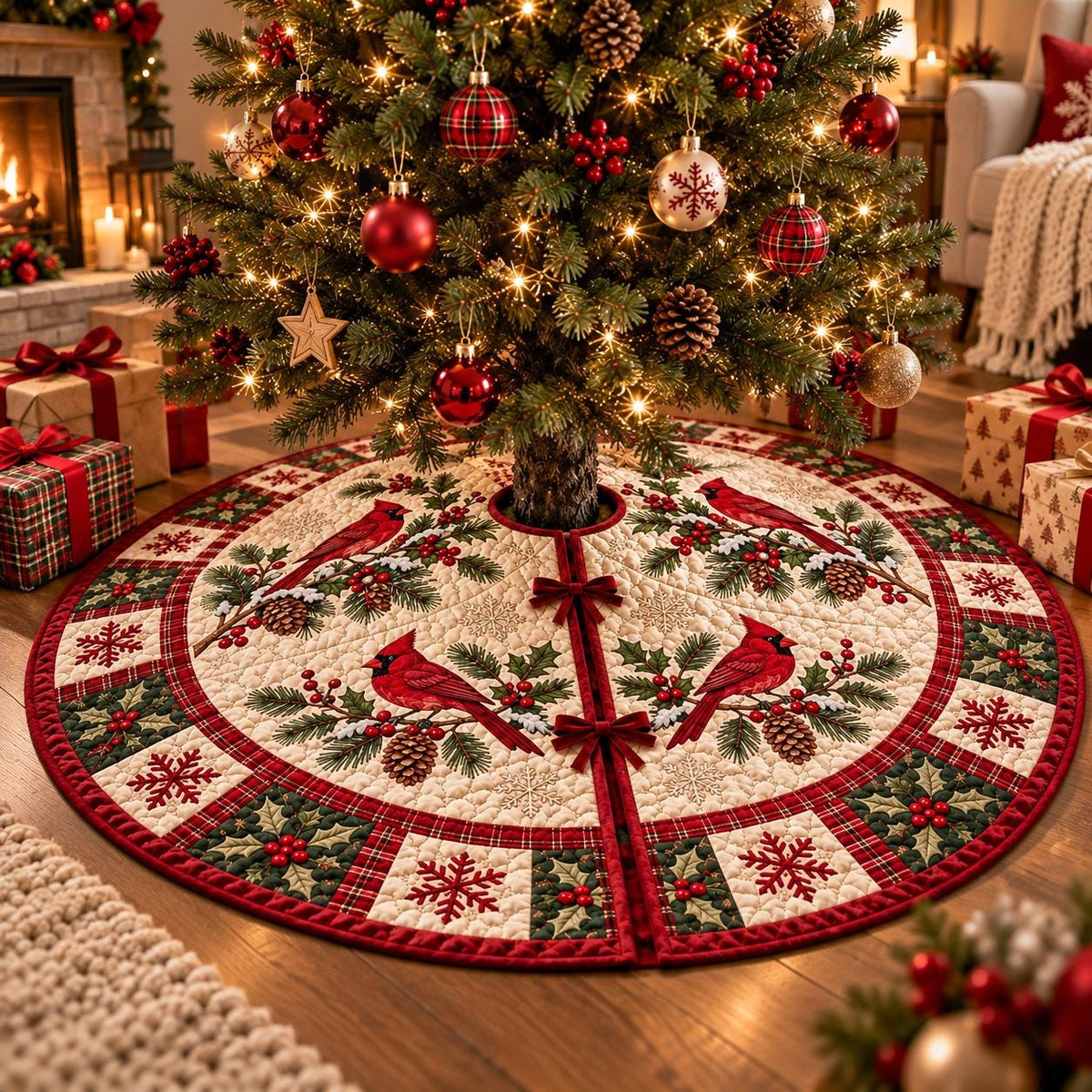 May include: A round quilted Christmas tree skirt featuring a cream-colored center with red cardinal birds, pine branches, and pinecones. The border consists of alternating squares of green holly leaves with red berries and white snowflakes on red.