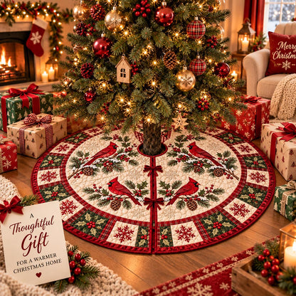 May include: A round, quilted Christmas tree skirt featuring a cream-colored center with red cardinal birds perched on holly branches. The border consists of a red and green plaid pattern with snowflake motifs and holly leaves, secured with small red bows.