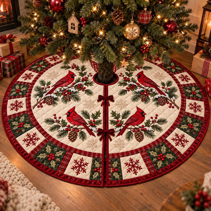 Cardinal Christmas tree skirt size guide with red plaid patchwork design