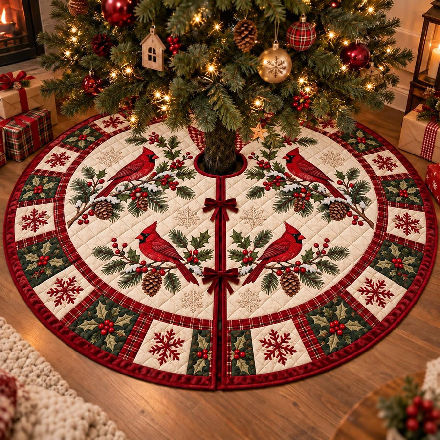 Cardinal Christmas tree skirt size guide with red plaid patchwork design