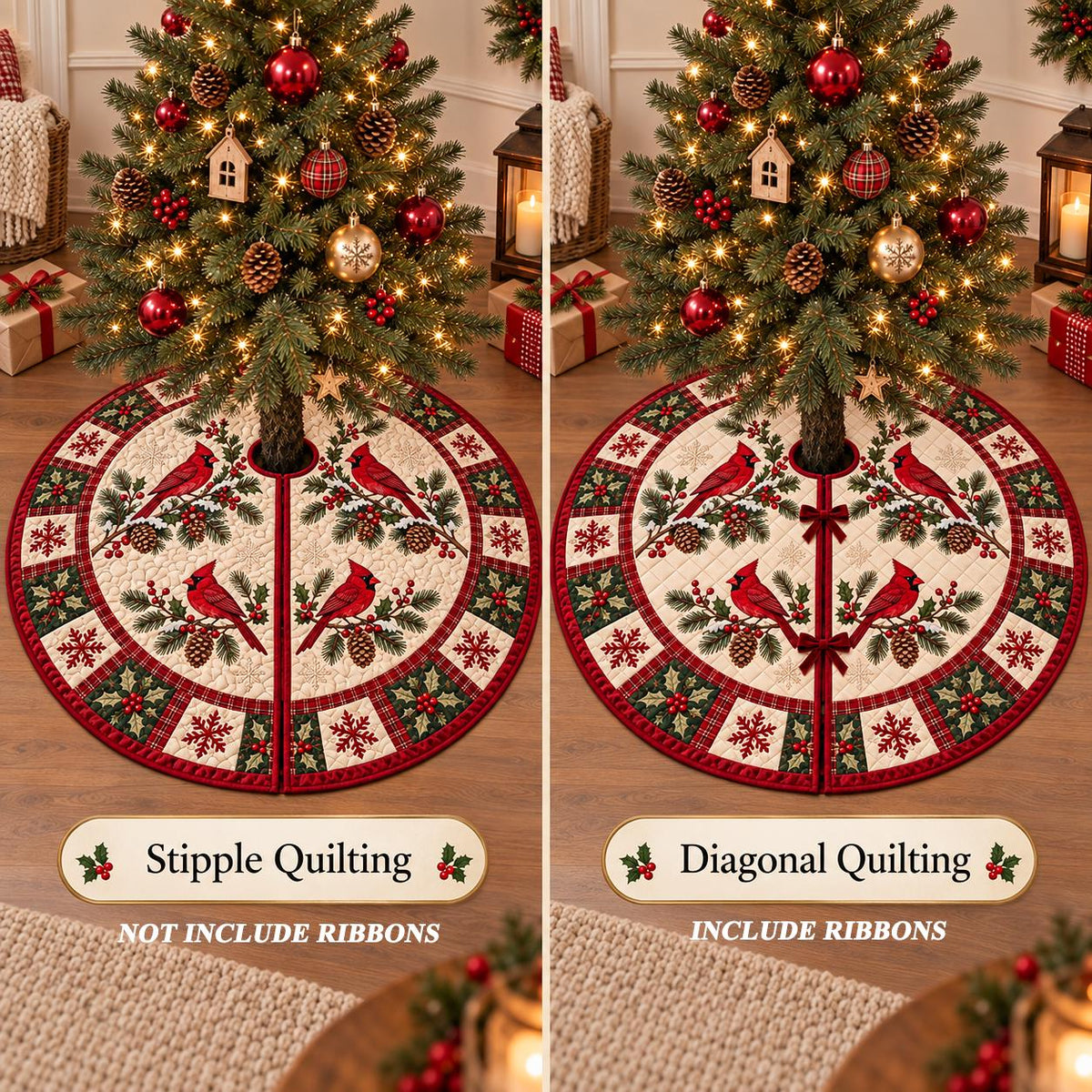 May include: A circular Christmas tree skirt featuring a cream-colored center with red cardinal birds perched on pine branches. The border displays a red and green plaid pattern with snowflake motifs. One version shows stipple quilting without ribbons.